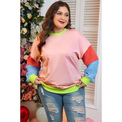 Light Pink Plus Size Colorblock Patchwork Crew Neck Sweatshirt