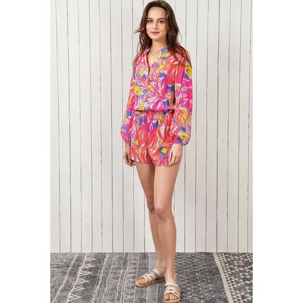 Multicolor Bold Graffiti Print Shirt Button Romper