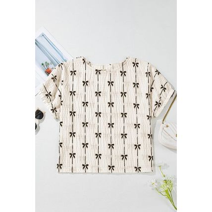 Beige Bow Print Puff Short Sleeve Top