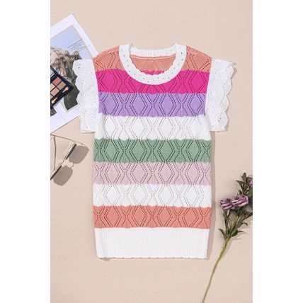 Rose Stripe Colorblock Hollowed Knit Scallop Edge Sweater Vest