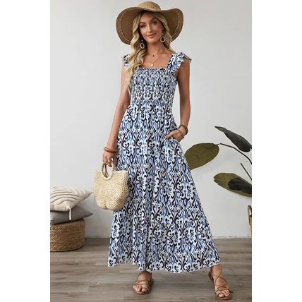 Sky Blue Boho Print Smocked High Waist Maxi Dress