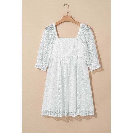 White Floral Lace Puff Sleeve Empire Waist Mini Dress