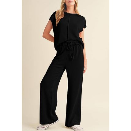 Black Solid Color Corded Short Sleeve Top and Casual Pants Set