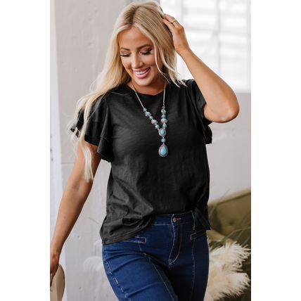 Black Layered Ruffle Short Sleeve Round Neck Top