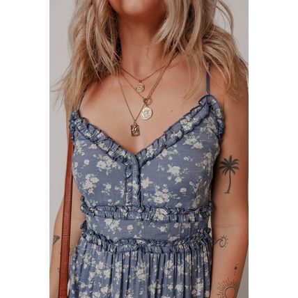 Blue Floral Spaghetti Strap Frilled V Neck Tiered Midi Dress