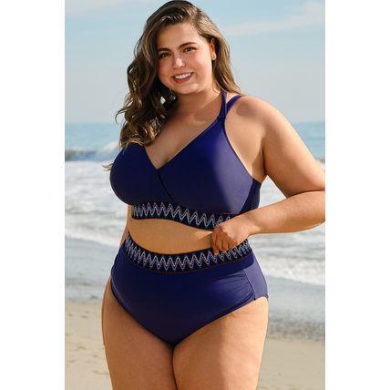 Navy Blue Embroidered Trim Wrap Tie Knot Plus Size High Waisted Bikini
