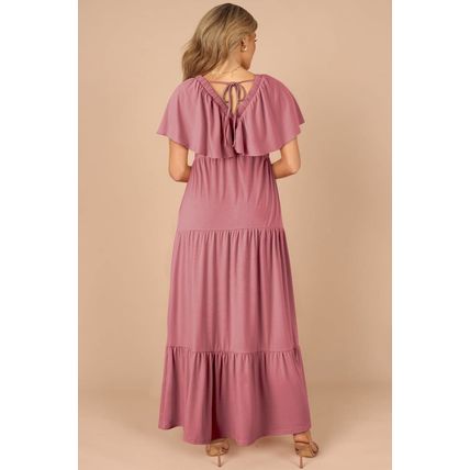 Rose Pink Textured V Neck Flutter Sleeve Ruffled Maxi Dress