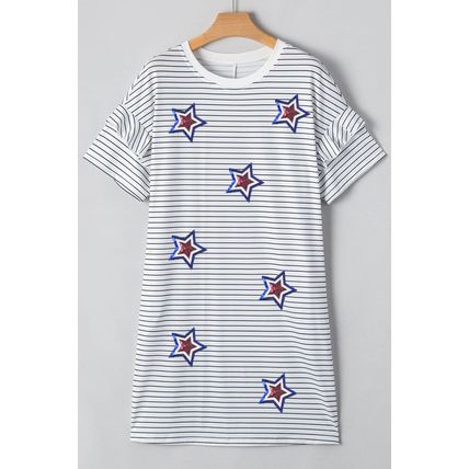 White Stripe Sequin USA Flag Star Graphic Ruffled Short Sleeve Mini Dress