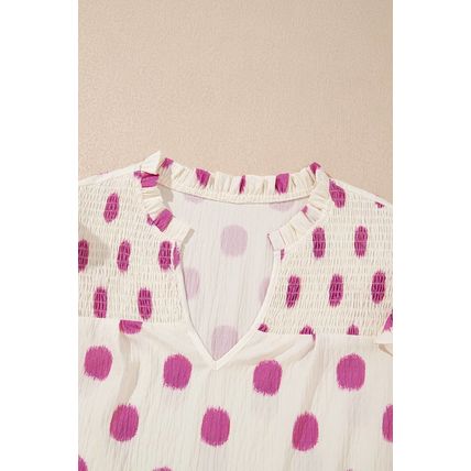 Rose Polka Dot Print Shirred Yoke Notched Neck Balloon Sleeve Blouse