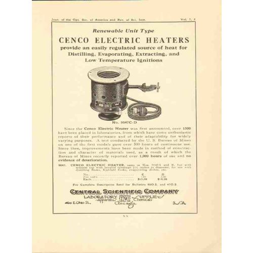 central scientific company 1923 cenco electric heater vintage ad