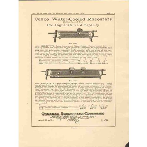 central scientific company 1923 cenco water cooled rheostat vintage ad
