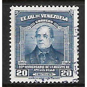 VENEZUELA 1946 20c BLUE ANDRES BELLO SG718 FINE USED