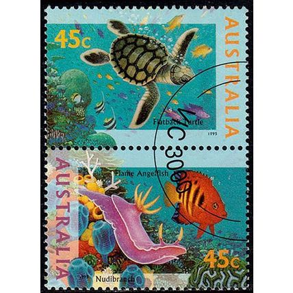 Australia 1995 Marine Life 2 x 45c Used Stamps Flatback Turtle & Nudibranch