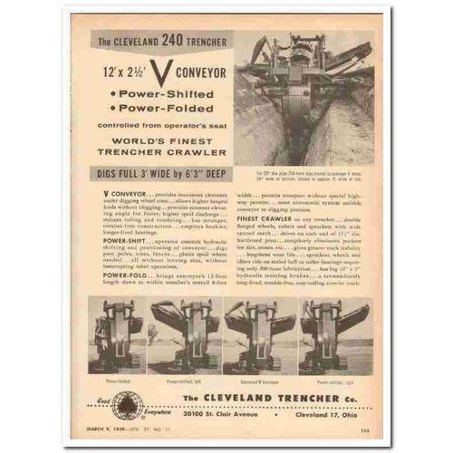CLEVELAND TRENCHER COMPANY 1959 V-Conveyor power shifted vintage ad