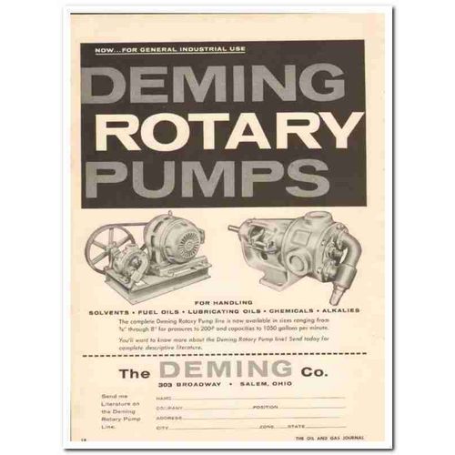 DEMING COMPANY 1959 oil chemical Industrial Rotary pumps vintage ad