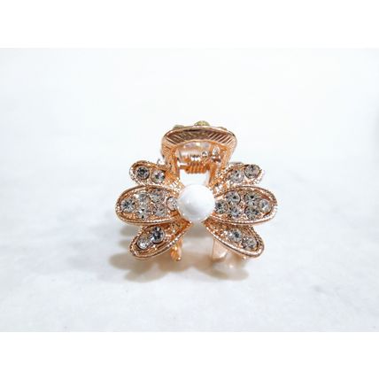 Small mini rose gold flower shaped hair claw clip with pearl and crystals