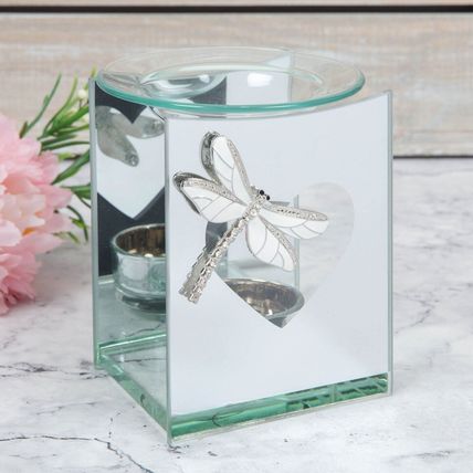 White Enamel Dragonfly Glass Oil Burner/Tea Light Holder Glass Oblong 12 CM Gift