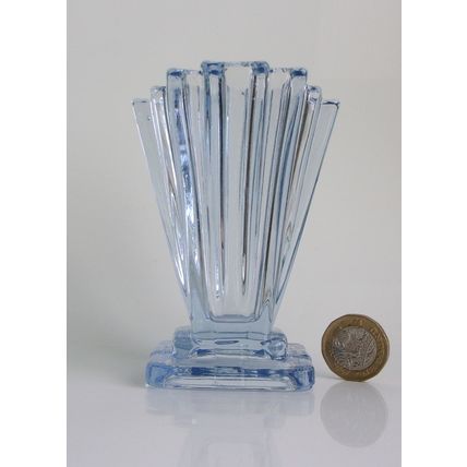 Bagley Art Deco Blue Glass Grantham Vase, Small Size.