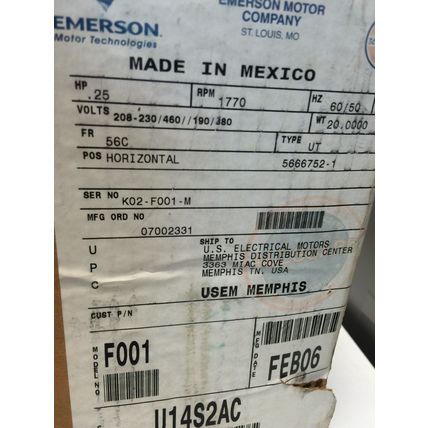 NEW EMERSON U14S2AC F001 MOTOR, 1770-RPM,230/460VAC,F001 6203-2ZJC3, .25-HP,DE