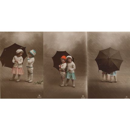 Children In Disaster Weather With Antique Umbrella 3x Postcard s