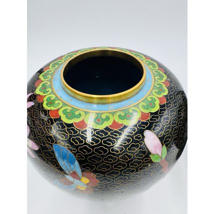 Vintage Cloisonne Brass Enameled Ginger Jar Floral Butterfly Inlay Design 7in