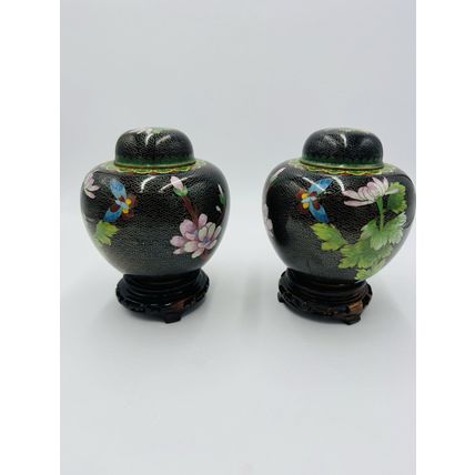 Vintage Cloisonne Brass Enameled Ginger Jar Floral Butterfly Inlay Design 7in
