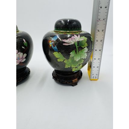 Vintage Cloisonne Brass Enameled Ginger Jar Floral Butterfly Inlay Design 7in