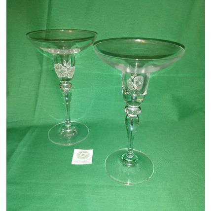 PAIR OF CLEAR GLASS CHAMPAGNE COUPE STYLE CANDLEHOLDERS w WHITE FLOWER DESIGN