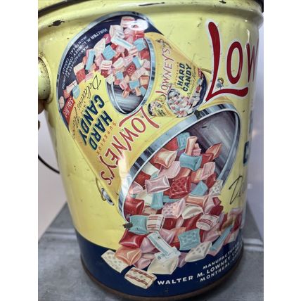 LOWNEY’S Superior HARD CANDY Tin Advertising Bucket EMPTY Collectible Tin Decor