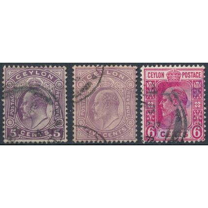 KEVII: 3 Values - Ceylon 1908 - F H - SG 289/91