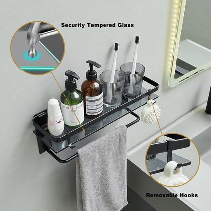 VOLPONE Glass Shelf for Bathroom 15.7 in Black Bathroom Shelves Wall Mounted Tem