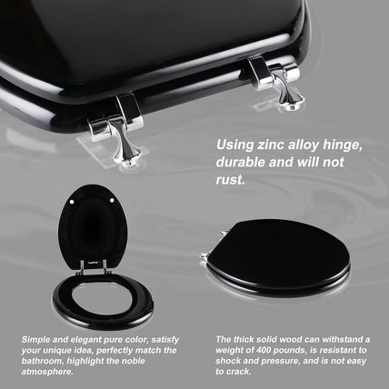 Black Elongated Toilet Seat Natural Wood Toilet Seat with Zinc Alloy Hinges, Eas