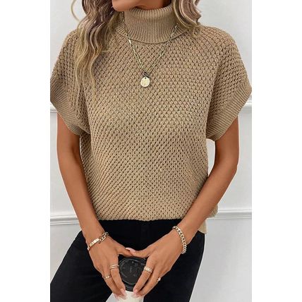 Pale Khaki Turtleneck Textured Short Sleeve Sweater