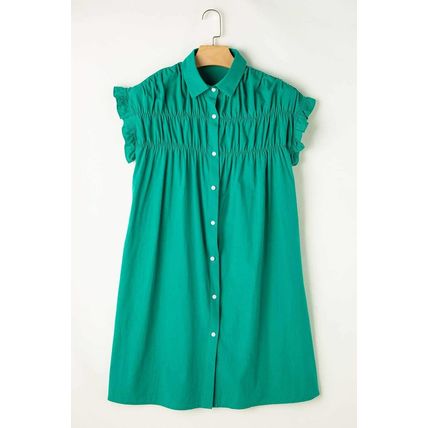 Bright Green Shirred Ruffle Sleeve Button Up Short Dress