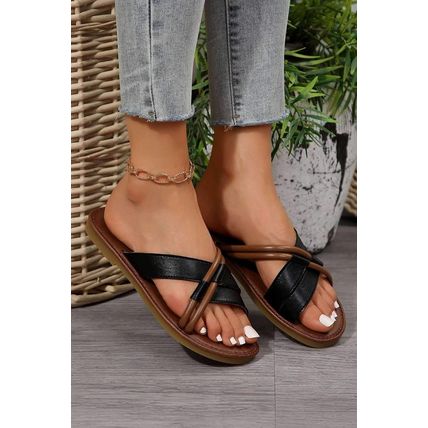 Black Criss Cross PU Leather Flat Slippers