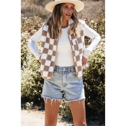Khaki Checkered Sherpa Collared Jacket Vest