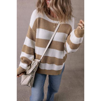 Light French Beige Colorblock Striped Drop Shoulder Side Slit Sweater