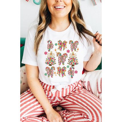 White Christmas Tree Bow Knot Print Round Neck T Shirt