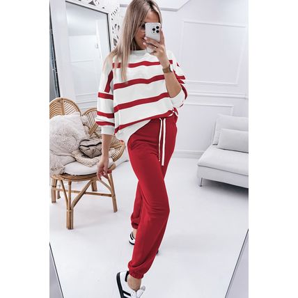 Red Stripe Drop Shoulder Pullover and Jogger Pants Set