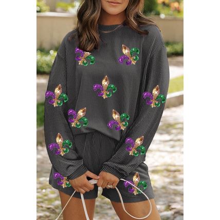 Carbon Grey Mardi Gras Fleur de Lis Patched Corded Long Sleeve Top and Shorts