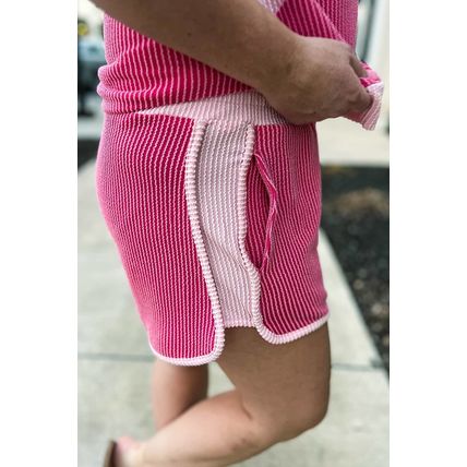 Rose Red 3D Spiral Ribbed Texture 2 Tones Patchwork Short Set
