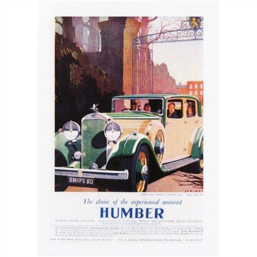 Postcard Poster Art Humber Snipe 80 Sports Saloon Car Coventry Automobile c1933