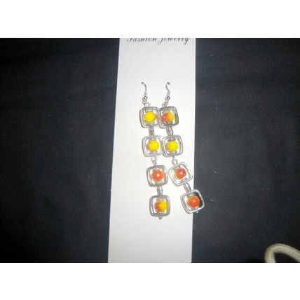 Electro plated orange on yellow faceted drum glass long earrings bright fun hols