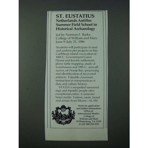 1986 Office of International Studies College William and Mary Ad - Archaeology