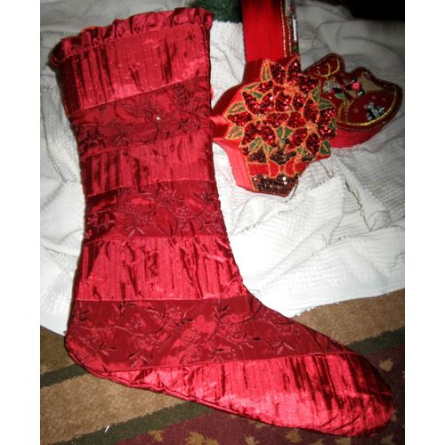 Red Pleated, Embroidered & Ruffled Christmas Stocking