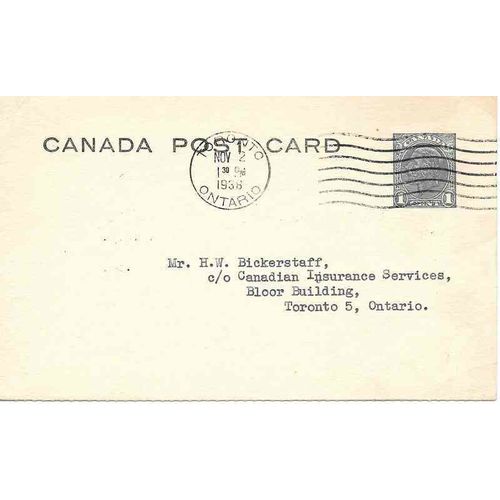 Canada #P62f Postal Card USED 1938 CBN Issue Type 5, Mimeo Rouletted