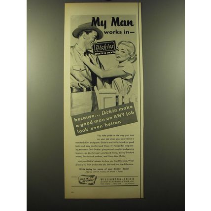 1950 Dickies Shirts & Pants Ad - My man works in Dickies