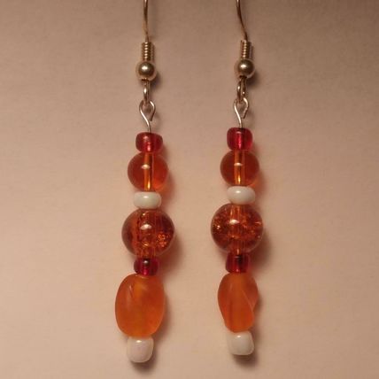 Orange and Red Glass Bead Earrings Pierced 2-1/4"