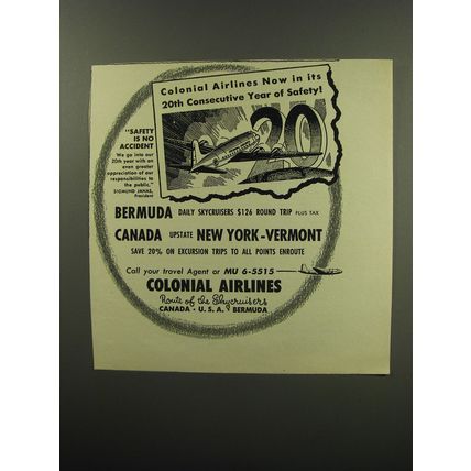 1949 Colonial Airlines Ad - Colonial Airlines now in its 20th consecutive year