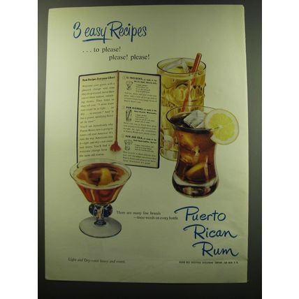 1949 Puerto Rican Rum Ad - 3 easy recipes ..to please! please! please!